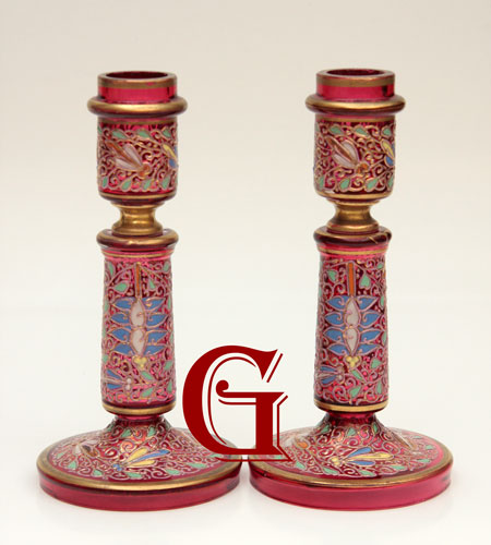 CRANBERRY GLASS CANDLESTICKS BY MOSER